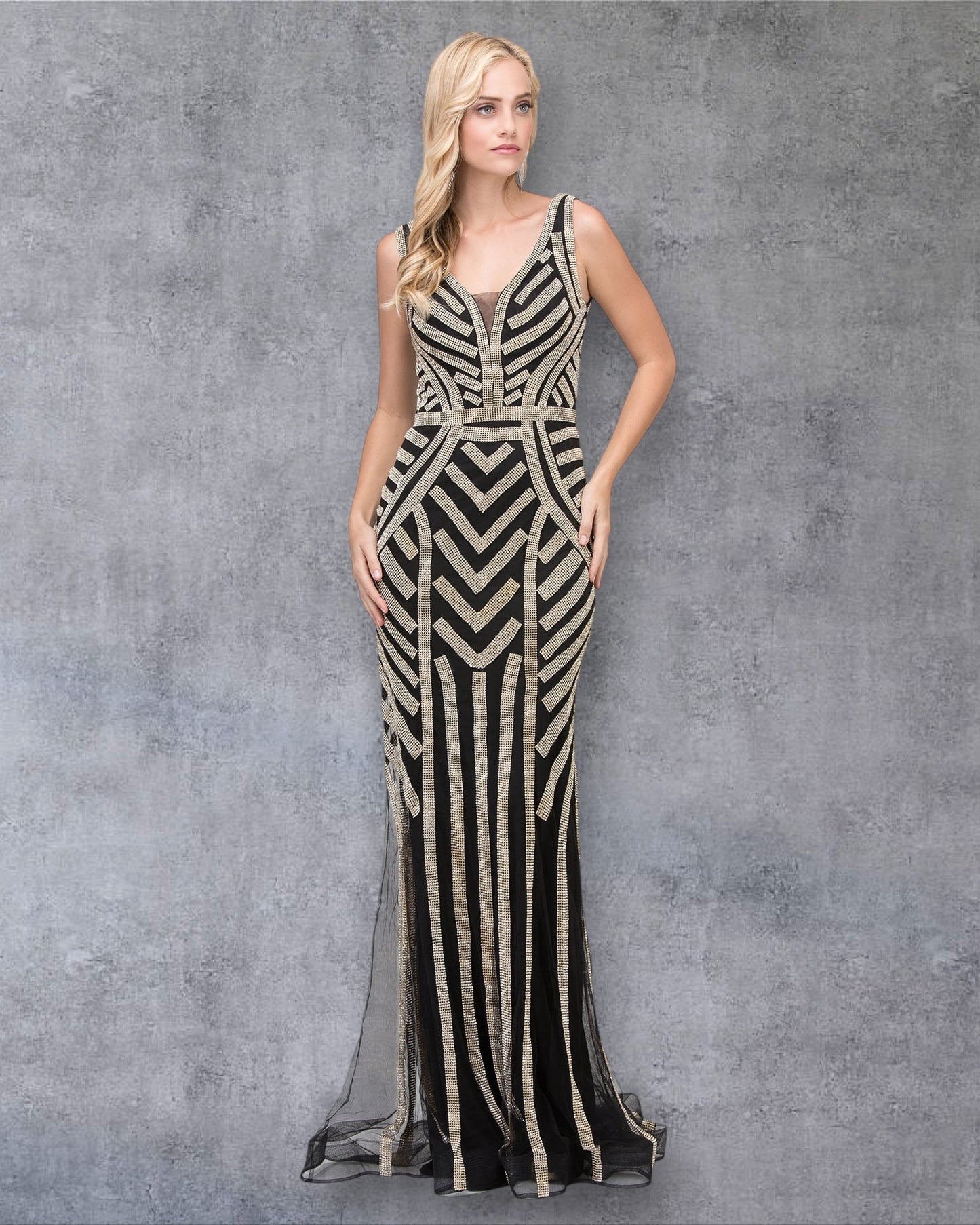 Vestido de fiesta sin mangas con estampado geométrico de lentejuelas, capa transparente y escote en V