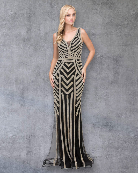 Vestido de fiesta sin mangas con estampado geométrico de lentejuelas, capa transparente y escote en V