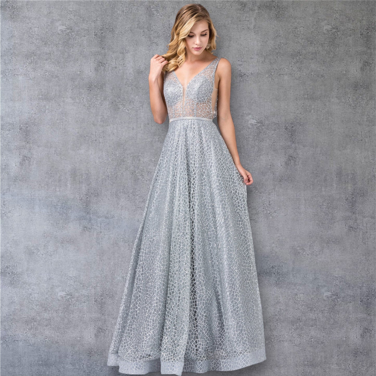Vestido de fiesta sin mangas con escote en V y malla brillante con detalle de cinturilla