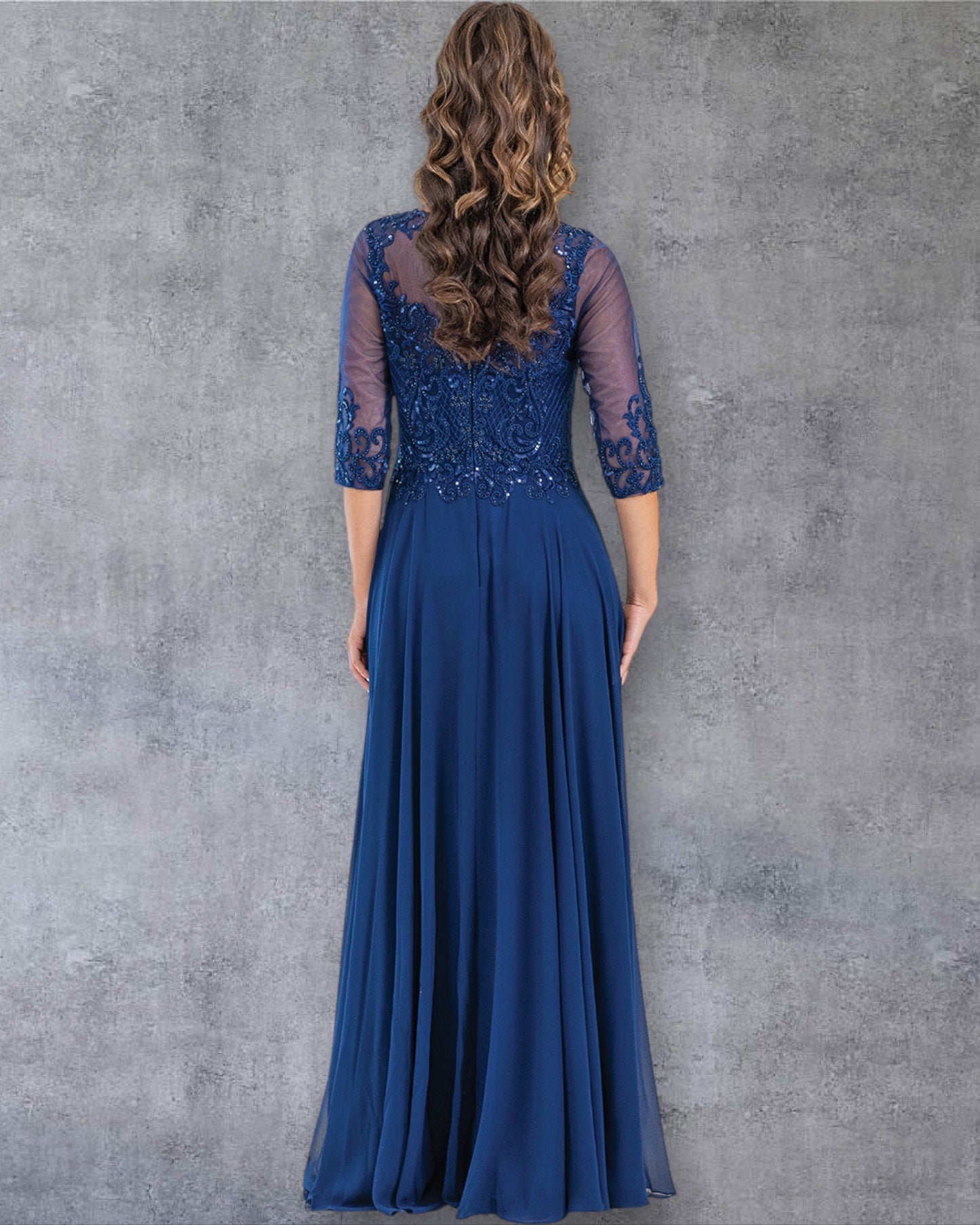 Vestido de fiesta de corte A con encaje, mangas transparentes y escote en V