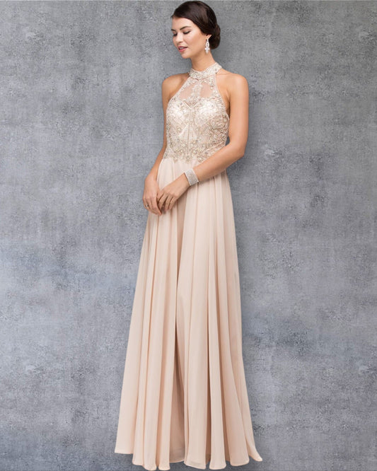 Vestido de fiesta con cuello alto, falda vaporosa y abertura en la espalda, con ilusión bordada