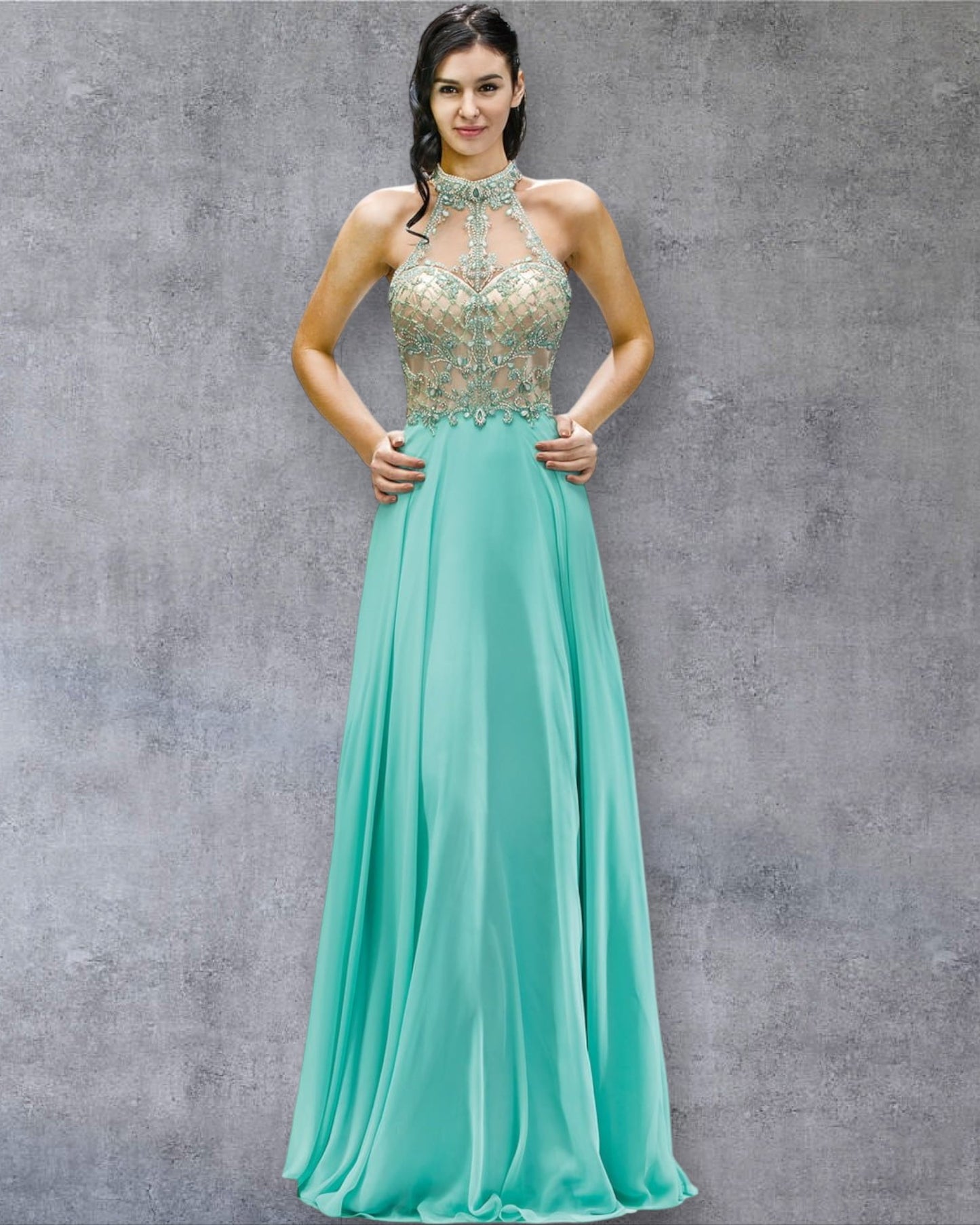 Vestido de fiesta con cuello alto, falda vaporosa y abertura en la espalda, con ilusión bordada