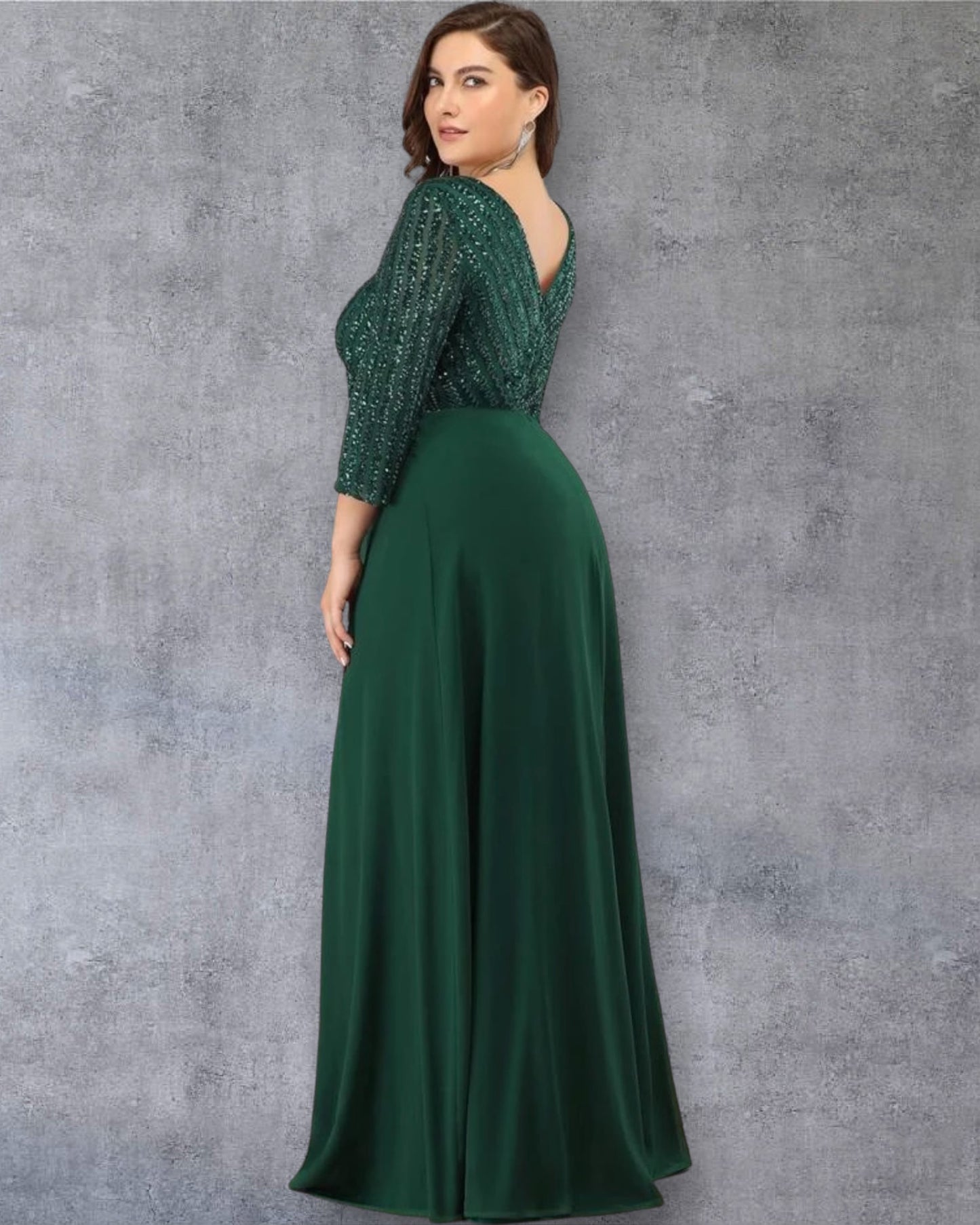 Vestido de Fiesta Verde Esmeralda con Lentejuelas y Mangas 3/4