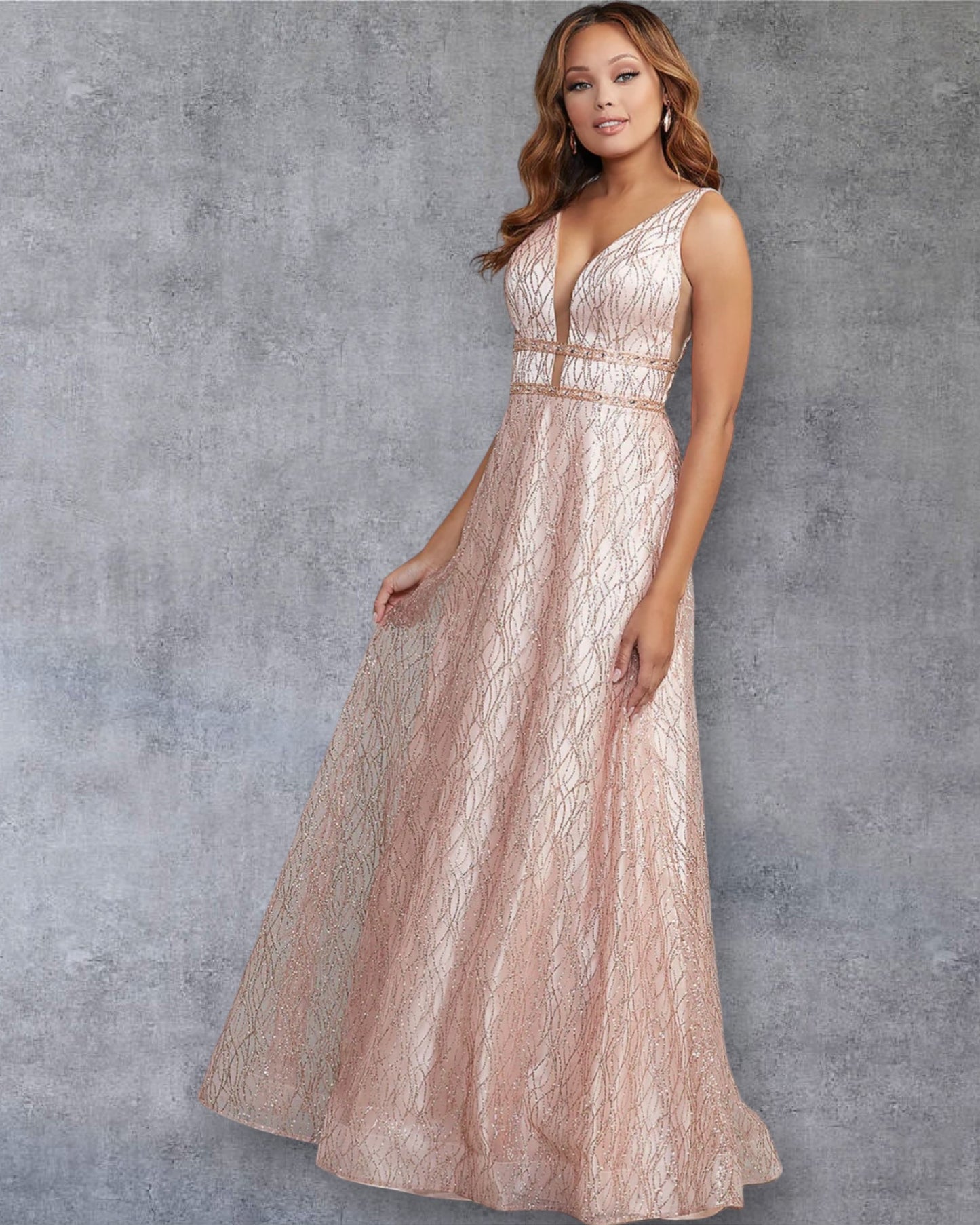 Vestido de Fiesta Brillante con Escote en V y Detalle Metalizado
