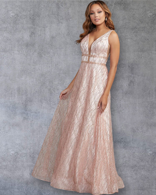 Vestido de Fiesta Brillante con Escote en V y Detalle Metalizado