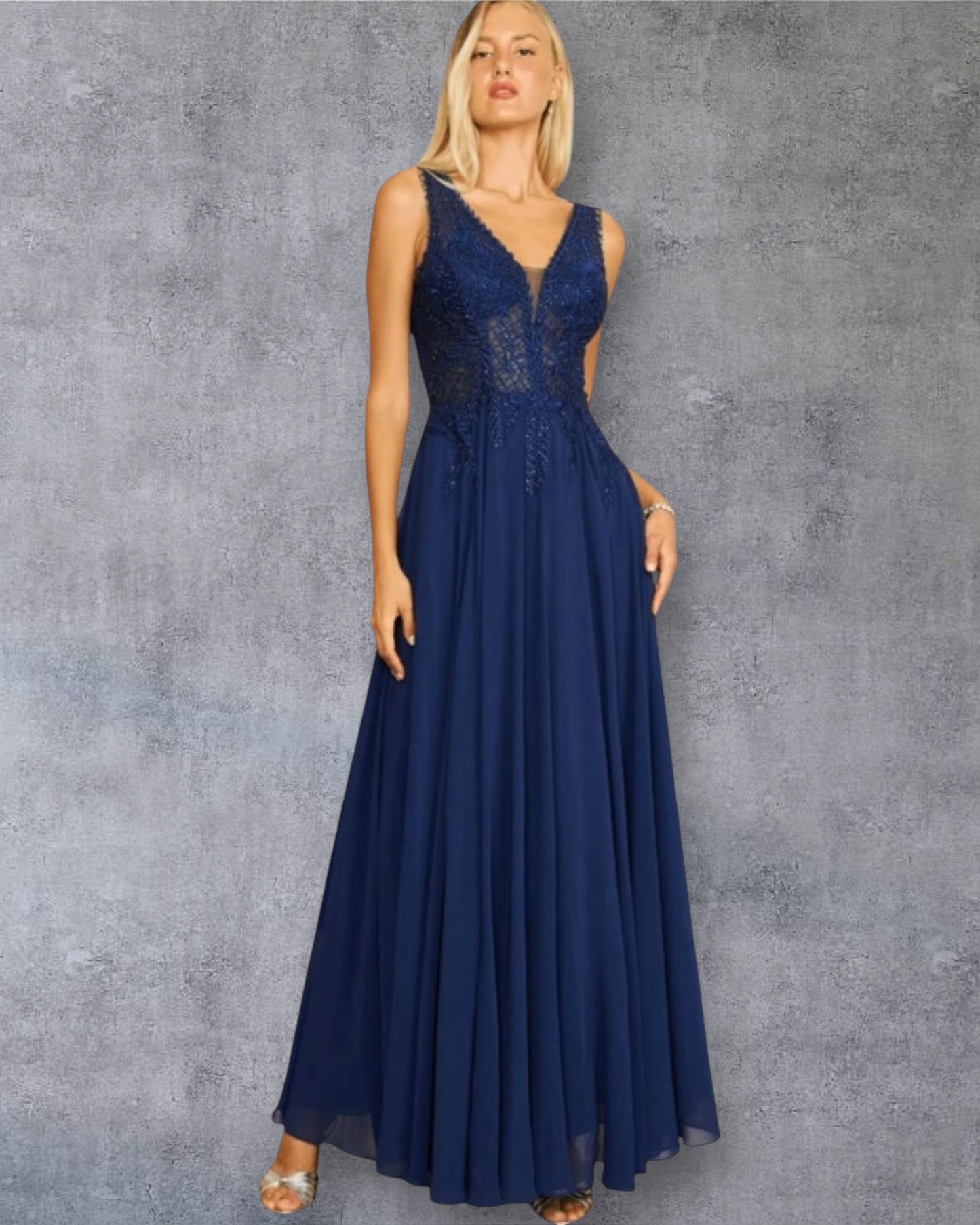 Vestido formal largo azul marino con falda fluida