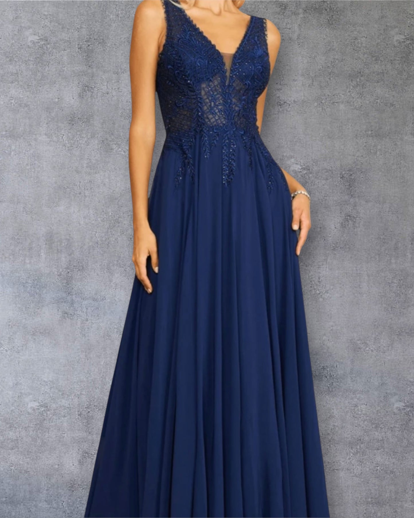 Vestido formal largo azul marino con falda fluida