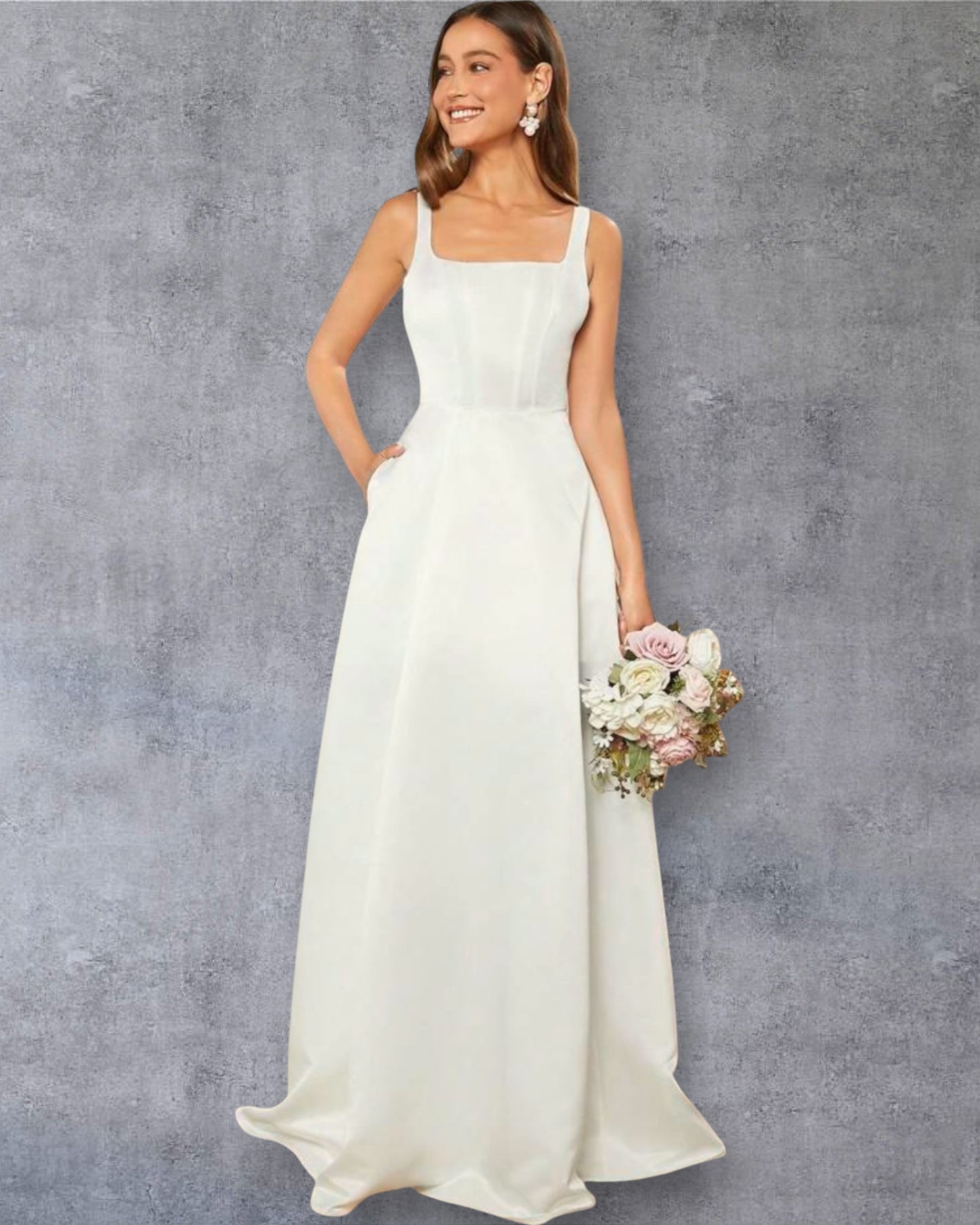 Vestido Blanco Moderno con Escote Cuadrado y Bolsillos