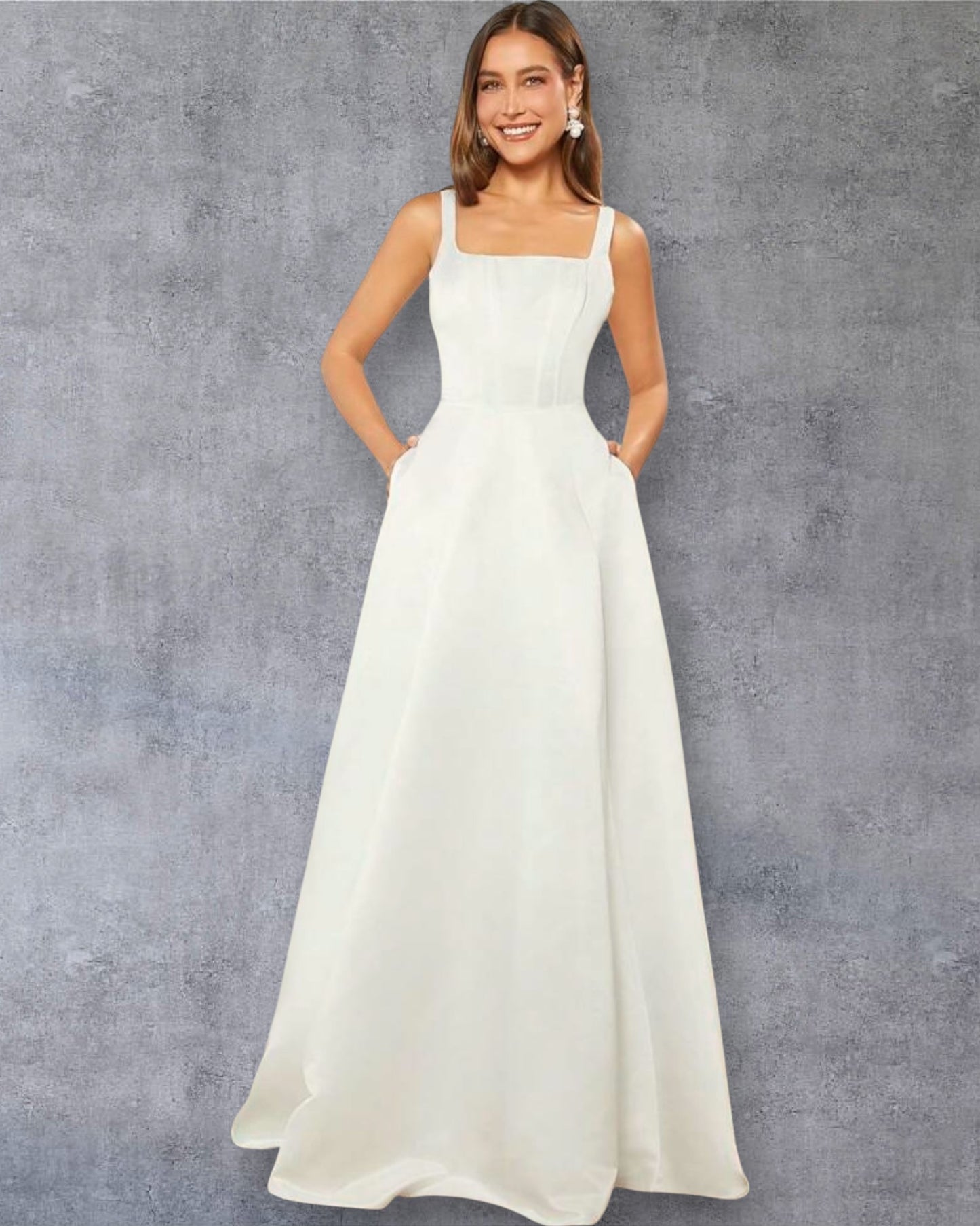Vestido Blanco Moderno con Escote Cuadrado y Bolsillos