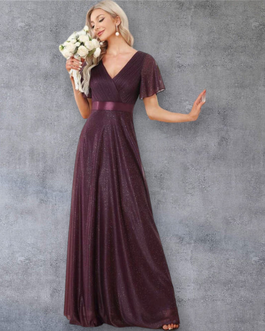 Vestido Largo Vino con Brillos y Mangas Vaporosas