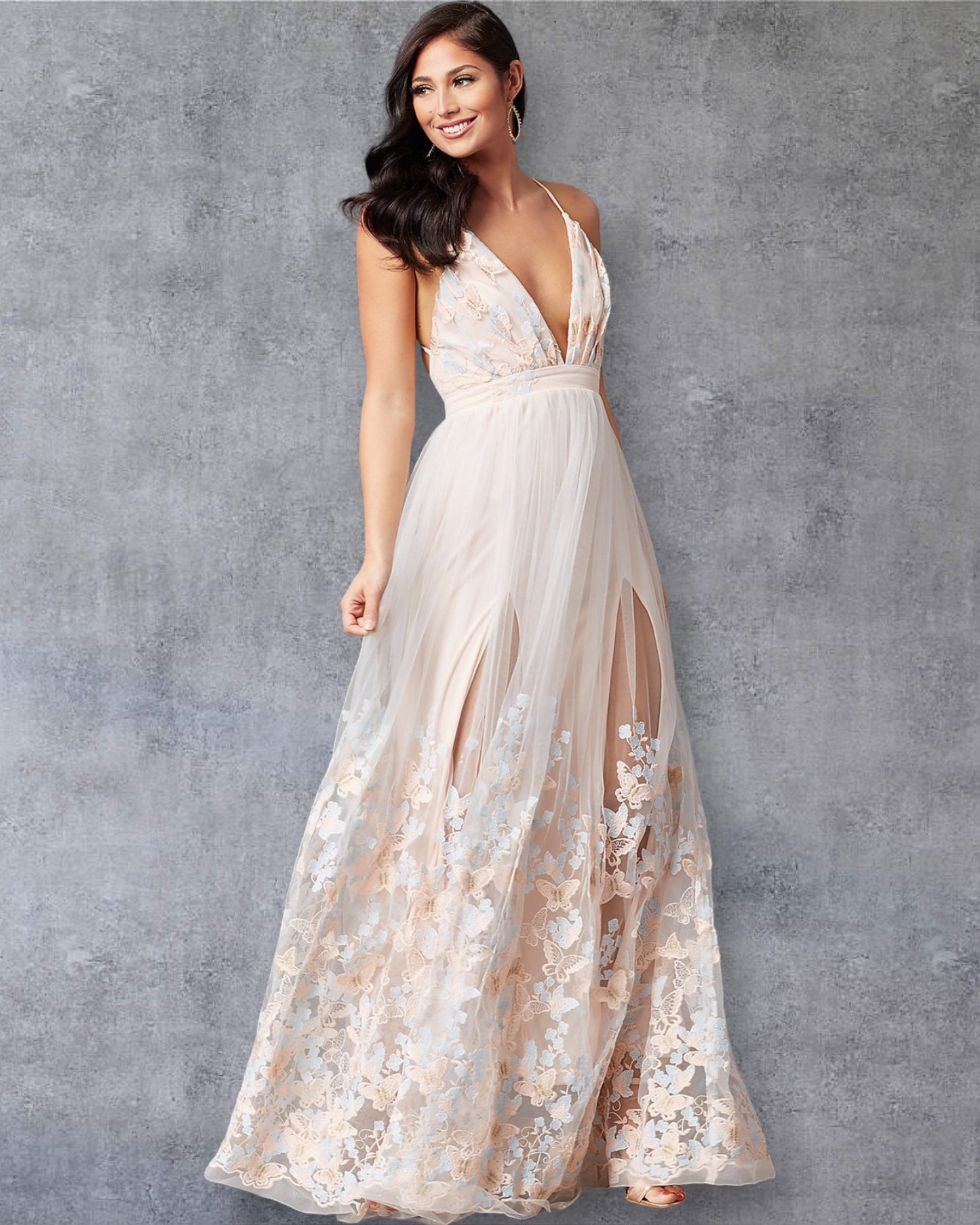 Vestido de Tul con Apliques Florales y Espalda Cruzada