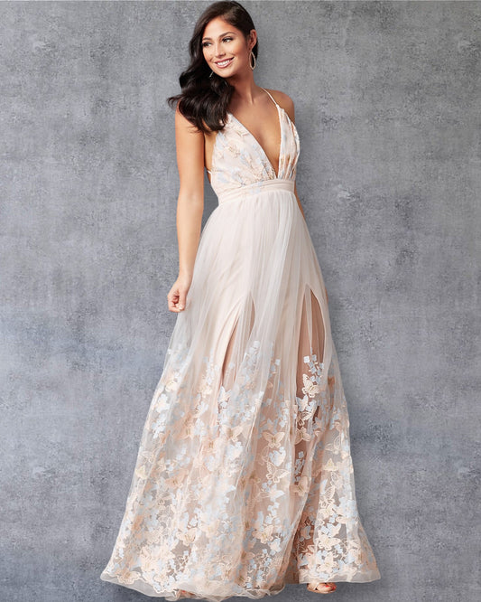 Vestido de Tul con Apliques Florales y Espalda Cruzada