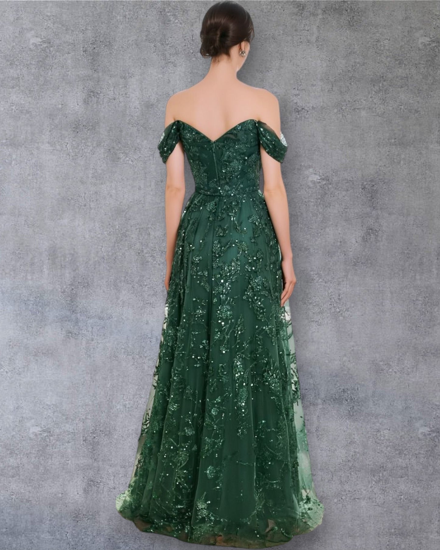 Vestido de Fiesta Largo Verde Esmeralda con Escote Corazón y Hombros Caídos