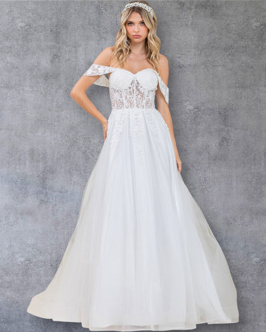 Vestido de novia corte A con hombros descubiertos, corpiño de encaje transparente, apliques florales y falda de tul