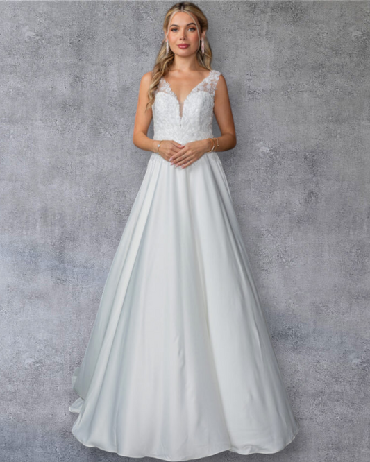 Vestido de Novia  Corte A con Encaje Floral y Escote en V