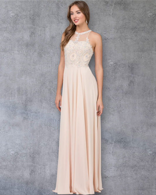 Vestido de fiesta de gasa con escote halter, ilusión y falda en forma de A con corpiño de encaje y apliques