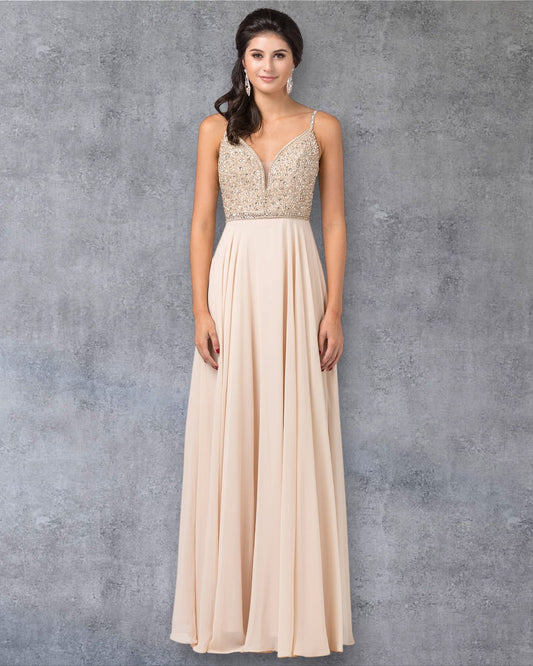 Vestido de fiesta de gasa con escote en A y tirantes finos con corpiño adornado