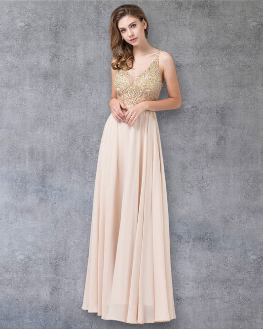 Vestido de fiesta de corte A sin mangas con escote en V y lentejuelas bordadas