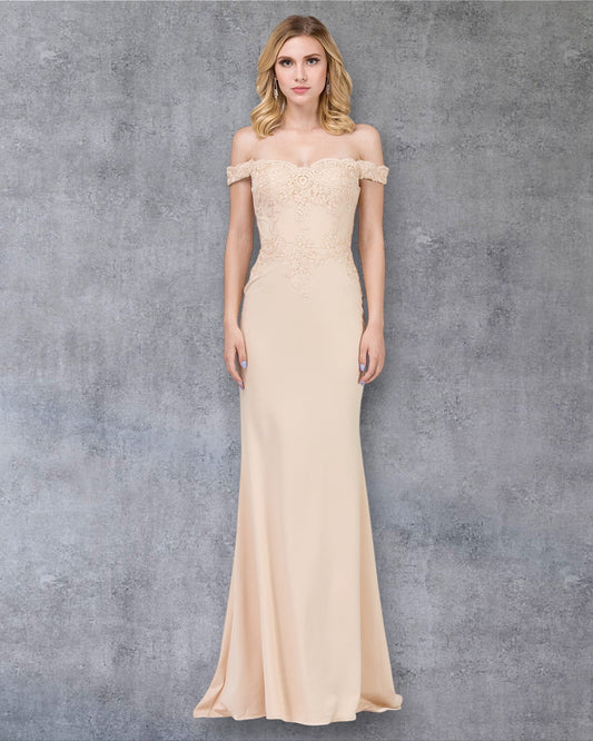 Vestido de noche con escote corazón, hombros descubiertos y apliques de encaje