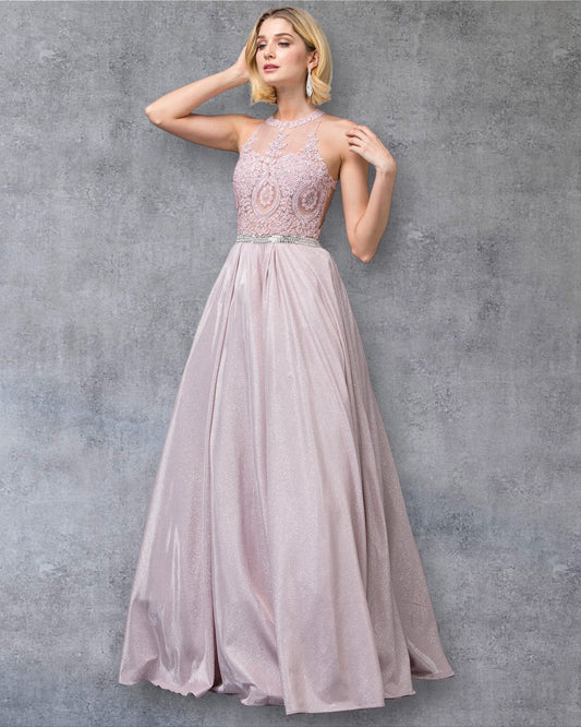 Vestido de fiesta de corte A con escote alto, corpiño de encaje y cuentas, y tela brillante.