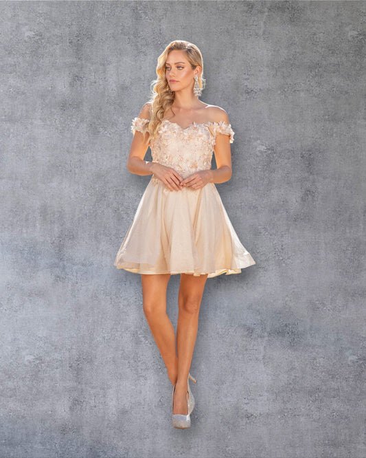 Vestido brillante de corte A con apliques florales y mangas con hombros descubiertos para el regreso a casa.