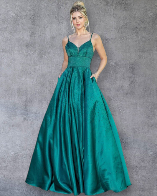 Vestido de fiesta de corte A con tirantes finos y escote en V y purpurina