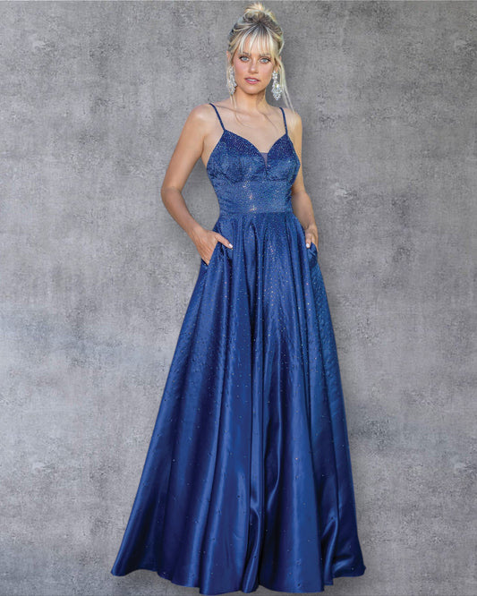 Vestido de fiesta de corte A con tirantes finos y escote en V y purpurina