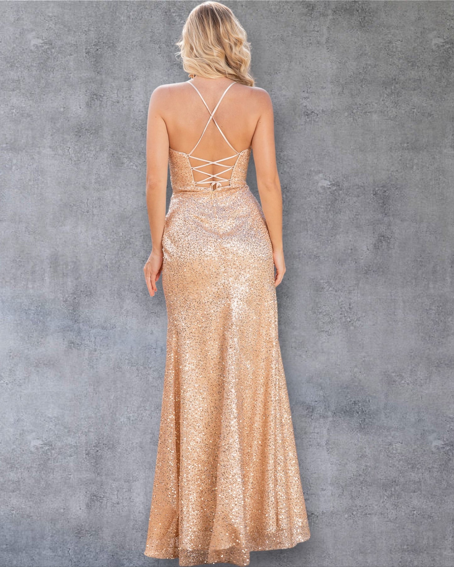 Vestido de fiesta con tirantes finos, purpurina, estilo cruzado en la parte delantera y abertura alta