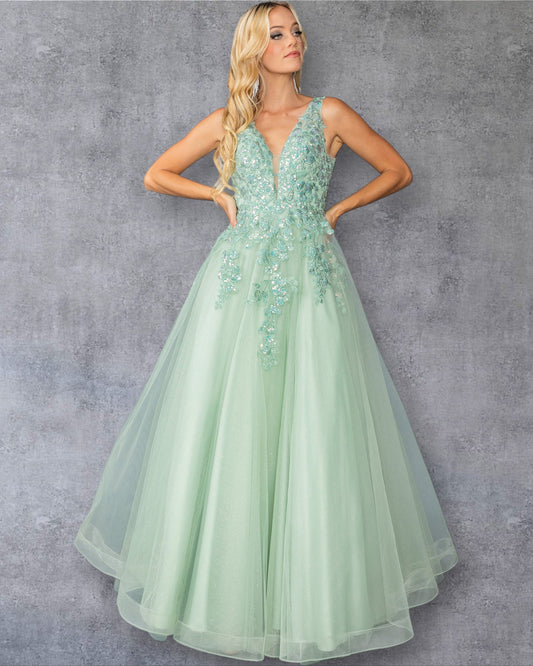 Vestido de fiesta de tul encantador con corte A, apliques florales y escote transparente.