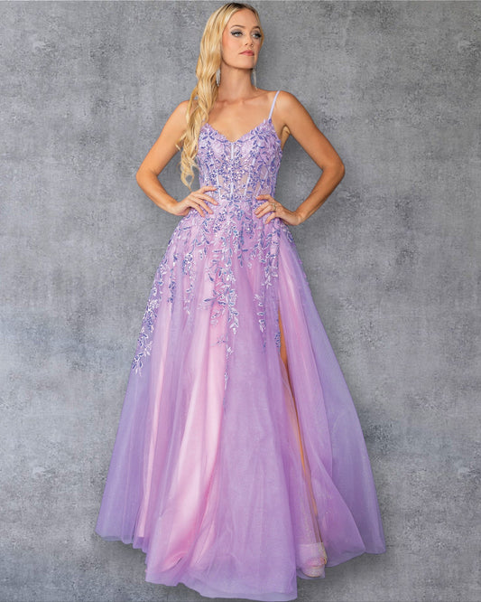 Vestido de fiesta de corte A con escote en V, lentejuelas y transparencias