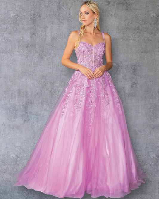 Vestido de fiesta con apliques florales, falda de tul y detalle de cordones en la espalda