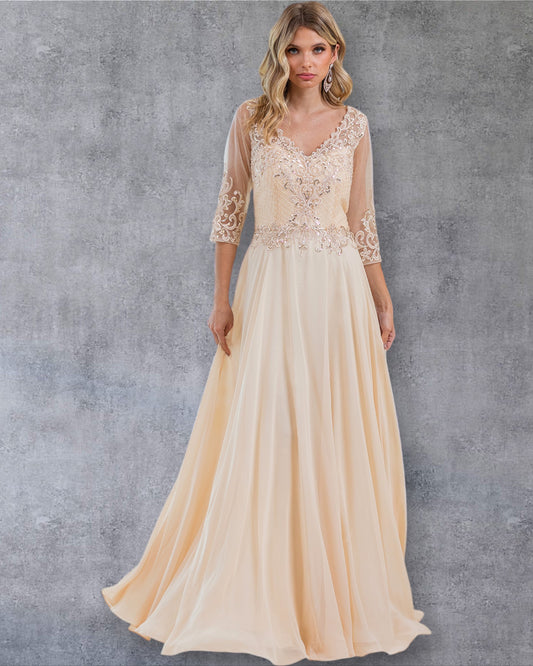 Vestido de fiesta de corte A con encaje, mangas transparentes y escote en V