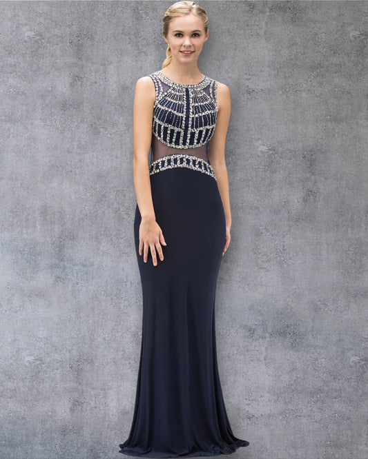 Vestido de fiesta sin mangas con corpiño de lentejuelas, paneles de malla transparente y falda ajustada