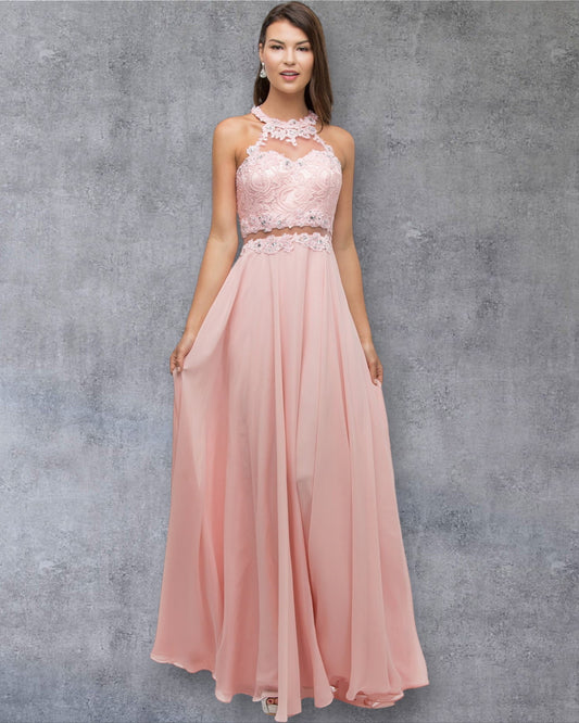 Vestido de fiesta con cuello halter, corpiño con apliques florales y detalle de cintura transparente