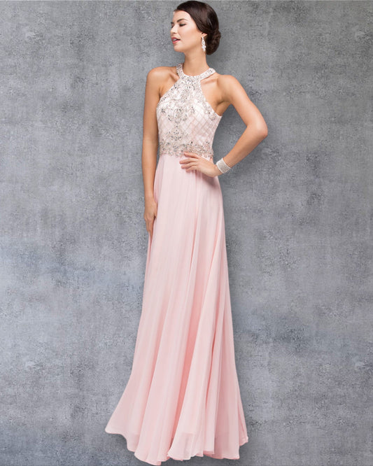 Vestido de fiesta con escote halter, corpiño de encaje adornado y falda de gasa suave y fluida