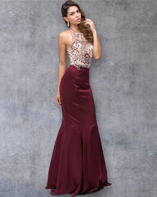Vestido de fiesta de sirena sin mangas con escote alto y detalle de encaje con cuentas