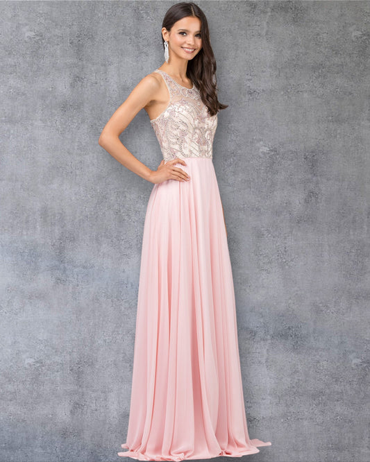 Vestido de fiesta sin mangas con escote joya y falda fluida en forma de A con corpiño bordado