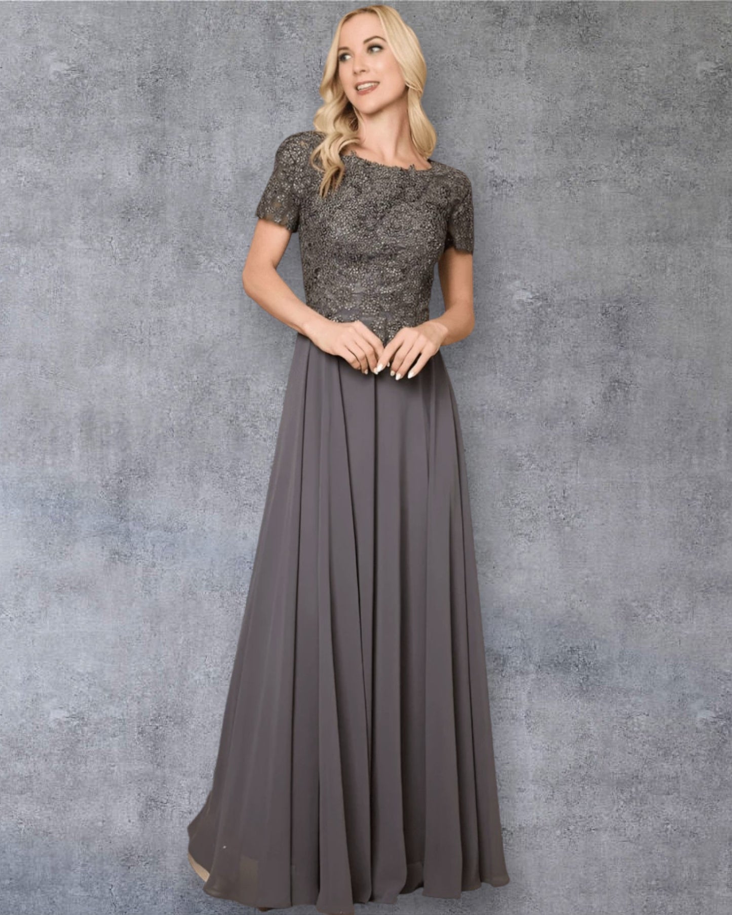 Vestido Largo de Fiesta Gris Grafito con Encaje Bordado y Falda Fluida