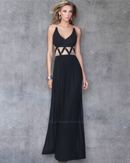 Vestido de Fiesta Negro con Detalles Recortados y Espalda Descubierta