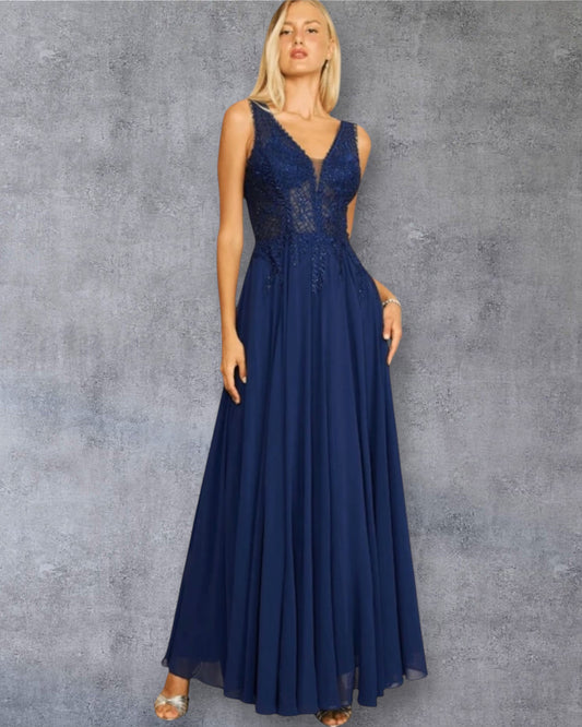 Vestido formal largo azul marino con falda fluida