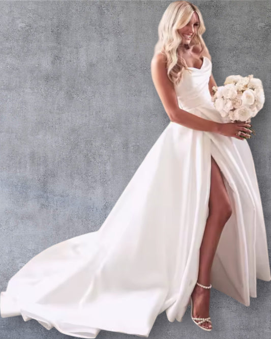 Vestido de Novia Elegancia Moderna con Escote Draped y Abertura en Pierna