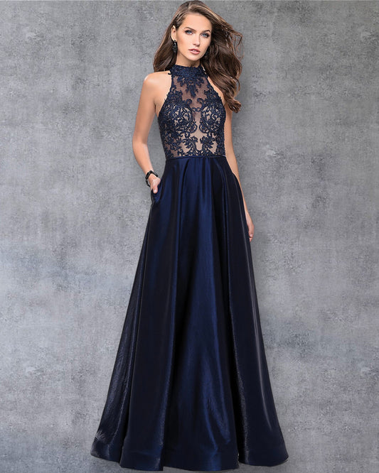 Vestido de Gala Azul Marino con Encaje Transparente y Escote Halter