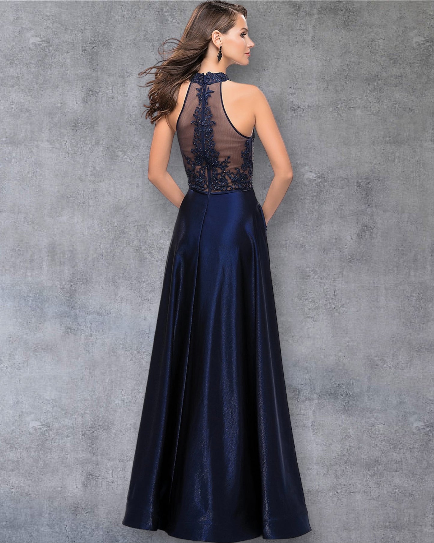 Vestido de Gala Azul Marino con Encaje Transparente y Escote Halter