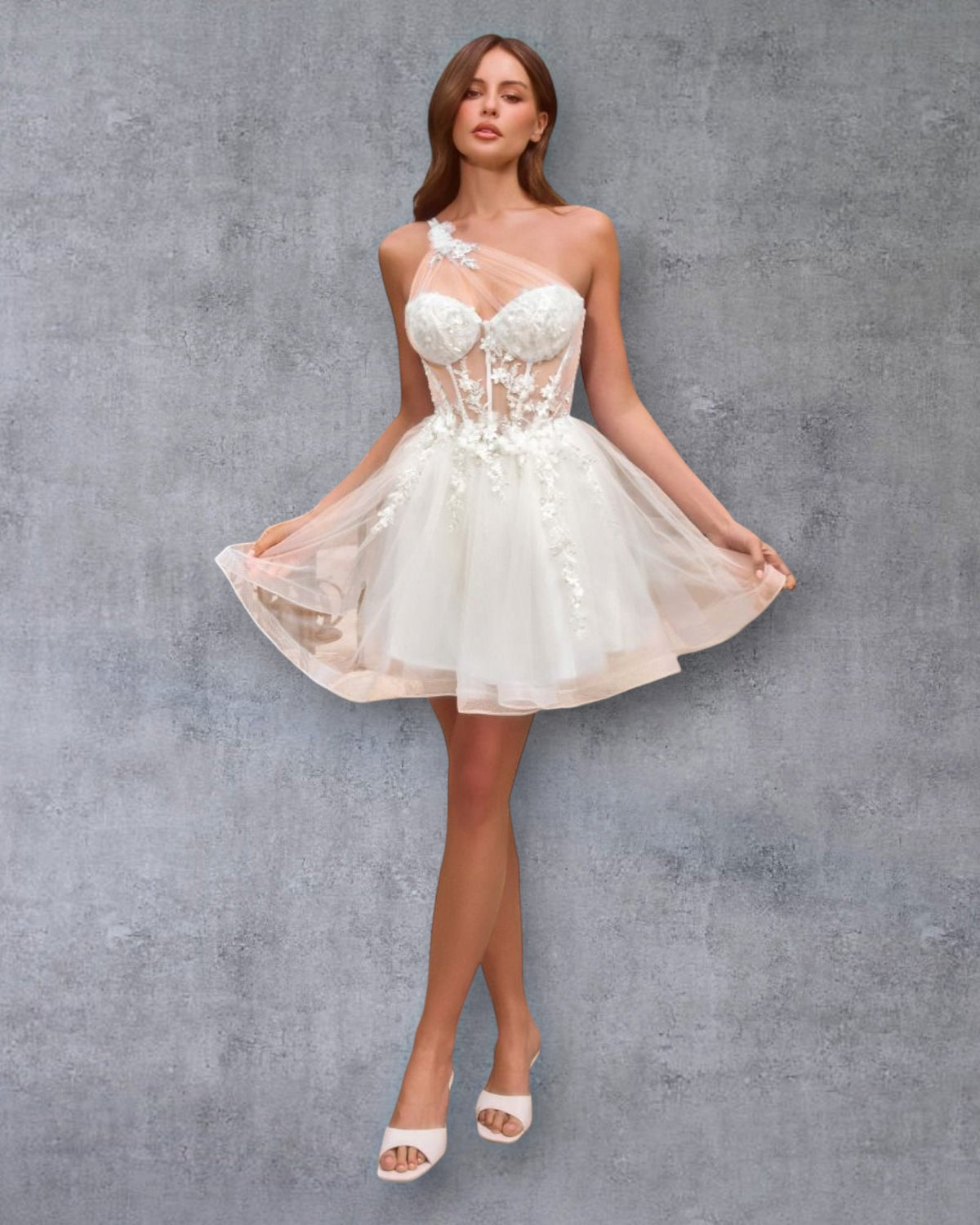Vestido de 15 Corto con Encaje Floral, Corsé y Falda con Vuelo