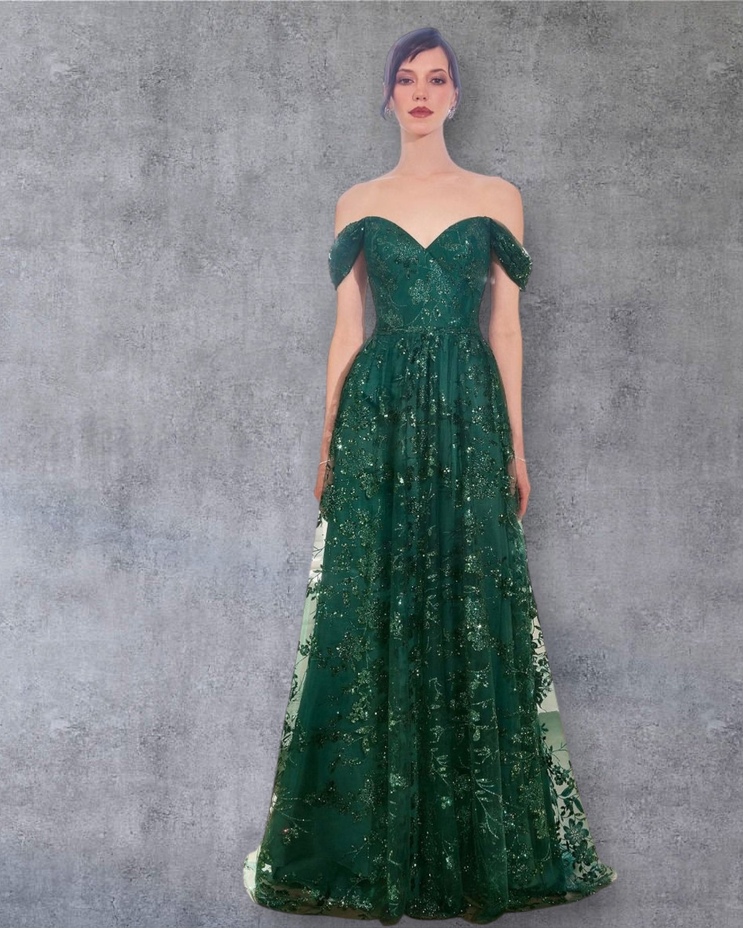 Vestido de Fiesta Largo Verde Esmeralda con Escote Corazón y Hombros Caídos