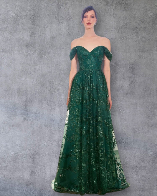 Vestido de Fiesta Largo Verde Esmeralda con Escote Corazón y Hombros Caídos